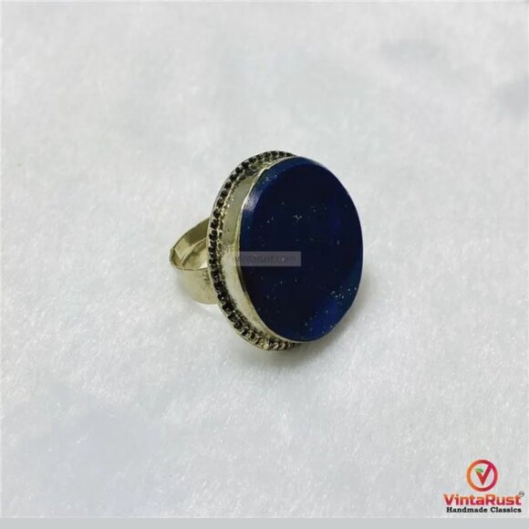 Round Lapis Lazuli Stone Ring: Unisex Gemstone Ring For Gift - Picture 4 of 6